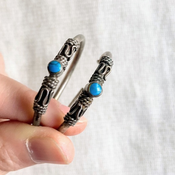 Vintage Large Turquoise Sterling Silver 925 Bali Style Inlay Hoop Post Earrings - Picture 2 of 16